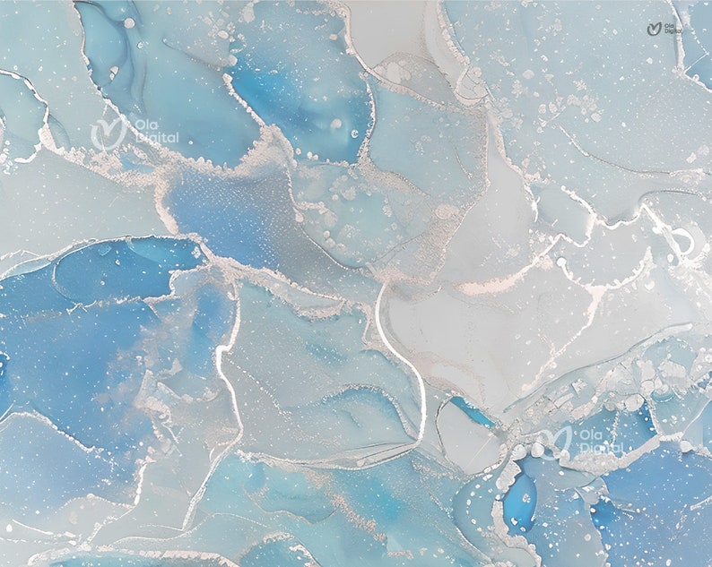 May include: Abstract art print with swirling blue and silver paint. The colors are light and airy, creating a calming and ethereal effect.