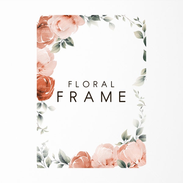 Floral frame, Roses greeting card, Watercolor flowers, Wedding floral clipart png, Digital download