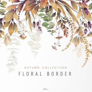 Bordure florale, feuilles d'automne aquarelle, carte d'invitation de mariage, fleurs séchées, clipart floral numérique PNG, téléchargement numérique