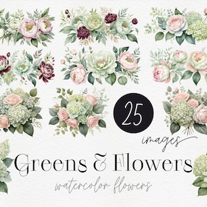 Blumenränder und Blumensträuße Clipart, Grün, Pfingstrosen Png, Hortensien Aquarell Blumen ClipArt, Hochzeitsrahmen, Einladungen, kommerzielle Nutzung