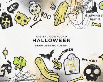 Halloween Seamless Borders, Spooky Cute Digital PNG, Halloween digital border for invitations, Hand painted Halloween Ghost and skull