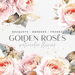 Goldene Rosen Clipart, Blush Blumen Aquarell, nahtlose Ränder, Blumensträuße Clipart, Aquarell Clipart, Hochzeit Blumen Clipart PNG