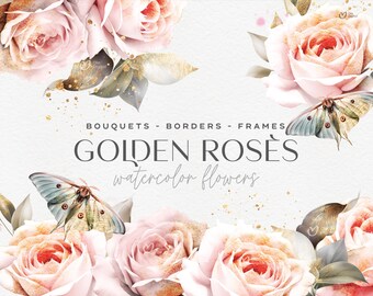 Golden roses Clipart, Blush Floral Watercolor, Seamless borders, Bouquets Clipart, Watercolor Clipart, Wedding Floral Clipart PNG