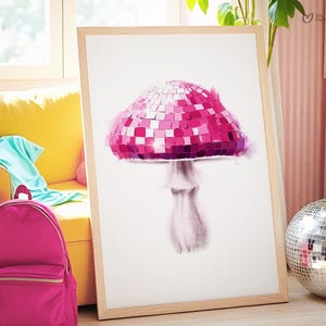 Hand Drawn Disco Mushroom Wall Art, Disco ball Pink Funky Digital Print, Retro Groovy Decor Poster Aesthetic Printable Art Digital Download