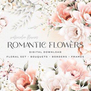 Clipart fiori romantici, acquerello floreale arrossito, clipart peonie, clipart floreale, clipart acquerello, clipart floreale matrimonio PNG