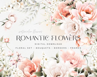 Fleurs romantiques Clipart, aquarelle florale Blush, pivoines Clipart, Clipart floral, Clipart aquarelle, Clipart floral mariage PNG