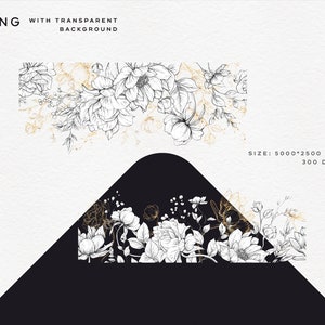 May include: Two black and white floral illustrations with gold accents. The top illustration is a floral border with a white background. The bottom illustration is a floral arrangement on a black background.