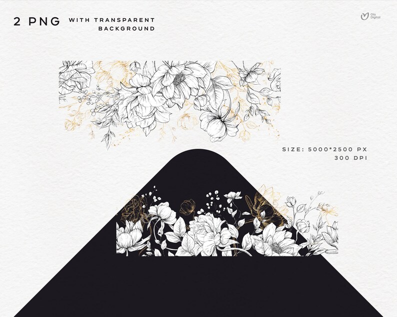 May include: Two black and white floral illustrations with gold accents. The top illustration is a floral border with a white background. The bottom illustration is a floral arrangement on a black background.