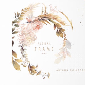 Cadre floral, feuilles d'automne aquarelle, carte d'invitation de mariage, fleurs séchées, clipart floral numérique PNG, téléchargement numérique