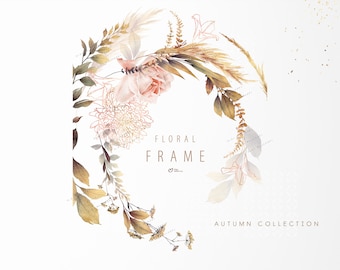 Op de afbeelding: Een aquarel bloemenframe met een roze roos, gedroogde grassen en bladeren in tinten bruin en beige. De tekst "FLORAL FRAME" en "AUTUMN COLLECTION" is opgenomen in de afbeelding.