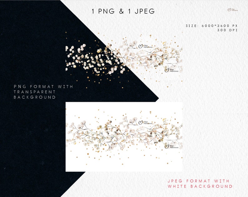 May include: A digital illustration of a white floral garland with gold glitter. The garland is on a white background. The image is 6000 pixels by 3600 pixels and 300 DPI.