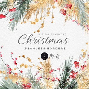 Bordes sin costuras de Navidad, ramas de abeto dorado y bayas rojas, tarjeta de invitación de Año Nuevo, vegetación, clipart digital PNG, descarga digital