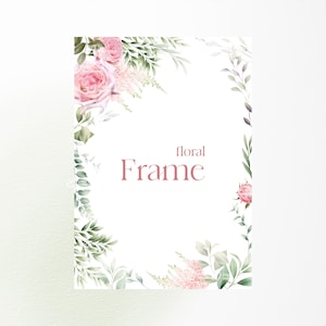 Bloemenlijst, gebladerte en roze rozen, wenskaart, aquarel bloemen, bruiloft bloemen clipart png, digitale download