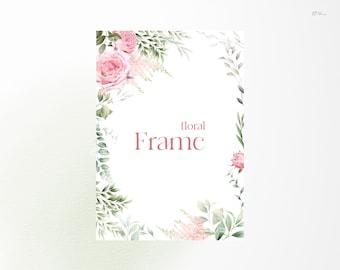 Floral frame, Foliage and pink roses, Greeting card, Watercolor flowers, Wedding floral clipart png, Digital download