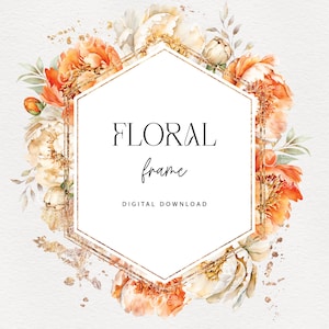 Floraler Rahmen für Einladungen, Journal Seiten, Pfingstrosen Blumen, Aquarell Herbstblumen, Floral Clipart png, Sofortiger Download PNG