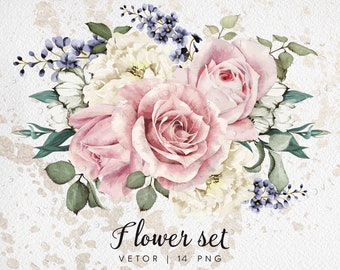 Flower set (VECTOR & 14 PNG) | Pink roses | Wedding flowers