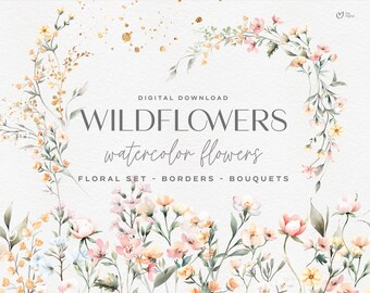 Wildflowers Clipart, Pastel Floral Watercolor, Borders, Bouquets Clipart, Watercolor Clipart, Wedding Floral Clipart PNG