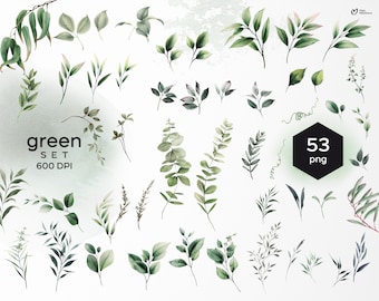 Foliage green leaves clipart PNG, Greenery watercolor set, wedding invite, Digital download