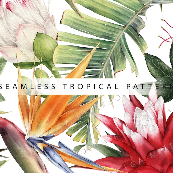 Seamless tropical pattern, Watercolor tropical digital paper, Plants Greenery,  Hand painted, Tropical clipart PNG