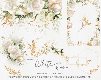 White Roses, floral bundle, Border-frames, Wedding invite card, Bouquets, Digital floral clipart PNG, Digital clipart PNG