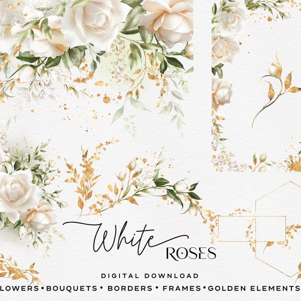 White Roses, floral bundle, Border-frames, Wedding invite card, Bouquets, Digital floral clipart PNG, Digital clipart PNG