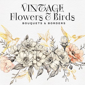 Bloemenranden en boeketten Clipart, vintage bloemen, vogels, zeer fijne tekeningen bloemen, bruiloftlijst, uitnodigingen, commercieel gebruik