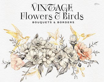Floral Borders & Bouquets Clipart, Vintage Flowers, Birds, Line art flowers, Wedding Frame, Invitations, Commercial Use