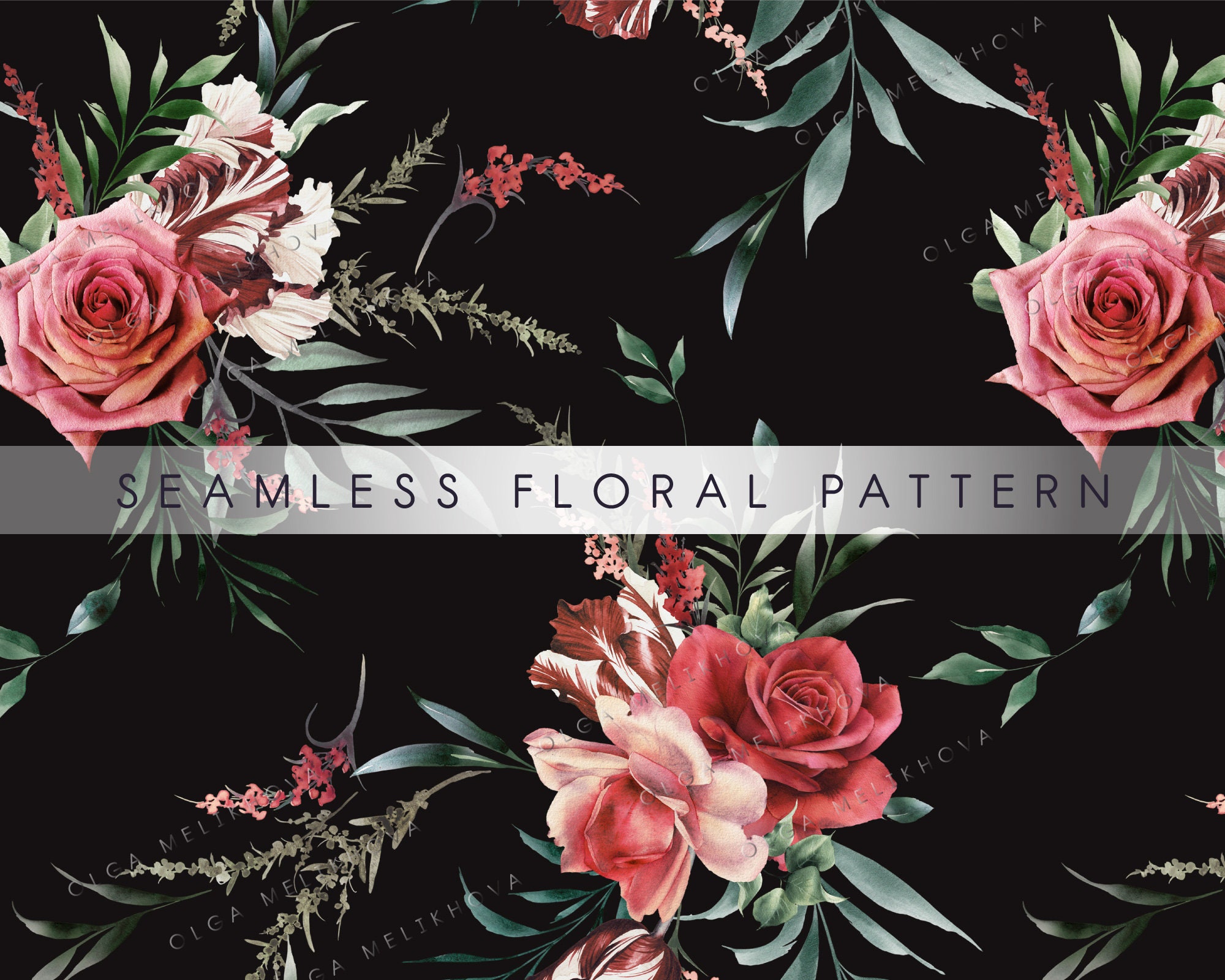 Seamless Floral Pattern, Digital Floral Paper With Red Roses, Pattern ...