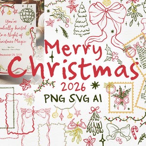 May include: A festive Christmas-themed design with red and green illustrations. The image includes the text "Merry Christmas 2026" and a holiday invitation with the text "You're Cordially Invited to a Night of Christmas Magic."