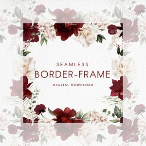 Cornice bordo floreale, fiori bordeaux, motivo floreale, carta di invito matrimonio, clipart floreale digitale PNG
