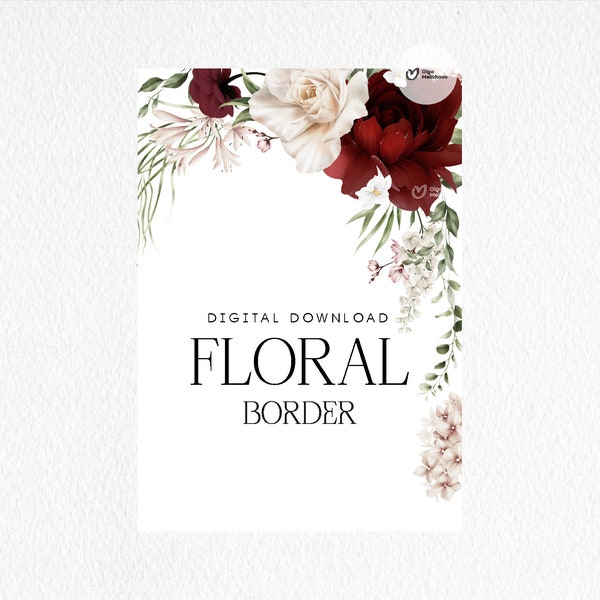 Floral border-frame, Burgundy flowers, Floral frame, Wedding invite card, Digital floral clipart PNG