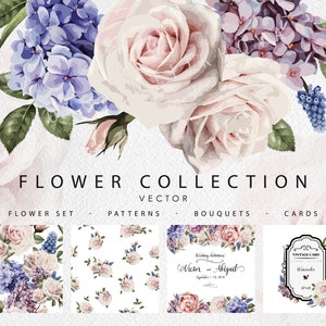 May include: A collection of floral designs featuring pink roses and purple hydrangeas. The designs include a floral bouquet, seamless patterns, and a wedding invitation card with the text "Wedding Invitation Victor and Abigail September 18, 2019".