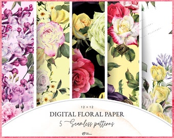 Floral digital paper pack, Seamless patterns with flowers, Digital download