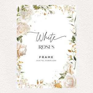 Cadre floral, roses blanches et verdure, carte de voeux, aquarelle de fleurs, mariage floral clipart png, téléchargement numérique PNG