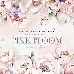 Naadloze bloemenrand, roze pioenrozen en groen, elegante bloemen, bruiloft frame, digitale bloemen clipart PNG, digitale download