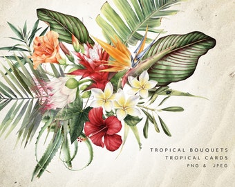 May include: A watercolor painting of a tropical bouquet featuring a variety of flowers and leaves, including a red ginger, a bird of paradise, a plumeria, a hibiscus, and a palm leaf. The bouquet is arranged in a loose, natural style and is set against a white background.