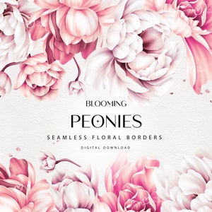 Florale nahtlose Grenze, Frühlingspfingstrosen, Elegante Blumen, Hochzeitsrahmen, Digitale Blumen Clipart PNG, Digitaler Download