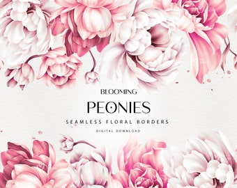 May include: A digital download of seamless floral borders featuring pink and white peonies. The text "BLOOMING PEONIES" and "SEAMLESS FLORAL BORDERS" is displayed on a white background.