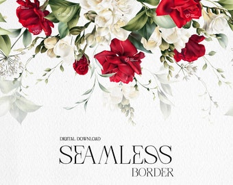 May include: A seamless border design featuring red and white flowers with green leaves. The flowers are arranged in a cascading pattern, creating a romantic and elegant look. The design is perfect for adding a touch of floral beauty to any project.