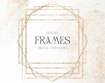 Golden frames, Border-frames, Wedding invite card, Gold border, Digital floral clipart PNG, Instant download