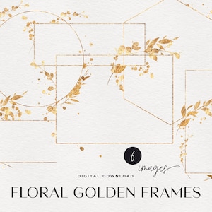Gouden bloemenlijsten, randlijsten, bruiloft uitnodigingskaart, gouden rand, digitale bloemen clipart PNG, Instant download