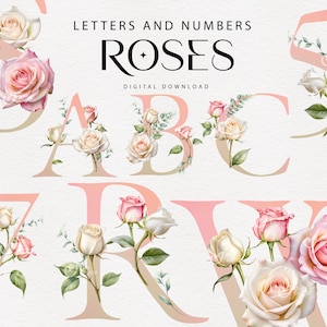 Letters and numbers, floral alphabet, pink roses alphabet wedding clipart PNG