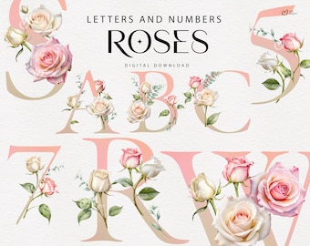 文字と数字、花のアルファベット、ピンクのバラのアルファベットの結婚式のクリップアート PNG