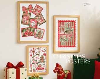 Christmas Posters Set of 3 Printable Wall Art, Holiday Stamps Home Decor, Christmas printable wall art, Vintage Winter Wall Art Decor PNG