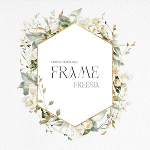 Blumenrahmen, weiße Blume Rahmen, Laubblatt, Freezia, Hochzeit einladen, digitale Blumen Clipart PNG, Sofort Download
