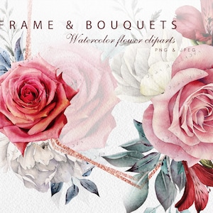 Marco y ramos, imágenes prediseñadas de flores de acuarela (PNG), peonías blancas, rosas rosadas, descarga instantánea digital de acuarela floral