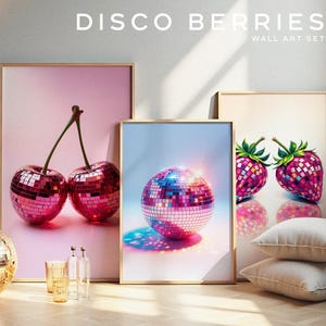 Disco berries Wall Art Set – Cherry, Strawberry & Disco Ball Prints, Pink Retro Aesthetic Digital Download, Funky Y2K Room Decor