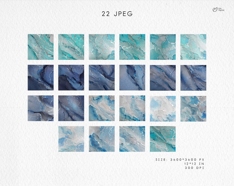 May include: 22 digital paper textures in blue, teal, and gray with a marbled effect. Each texture is 3600 x 3600 pixels, 12 x 12 inches, and 300 DPI.