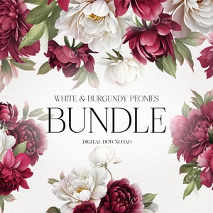 Paquete de peonías blancas y burdeos, paquete floral, marcos de borde, tarjeta de invitación de boda, ramos, imágenes prediseñadas florales digitales PNG