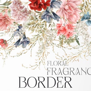 Borde floral, Borde de flores de jardín, Hojas y flores doradas, Tarjeta de invitación de boda, Imágenes prediseñadas florales digitales PNG, Descarga digital